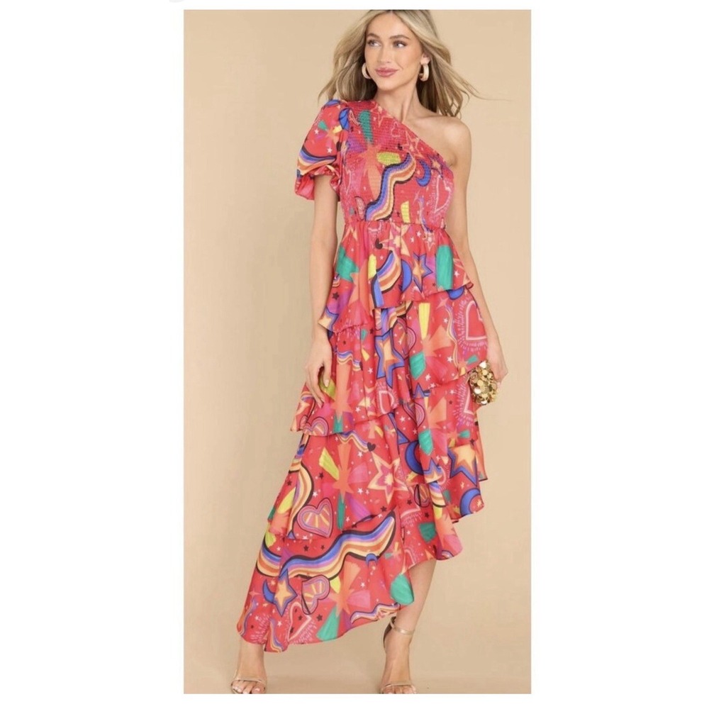 Alden Adair Collins Stargazing Moon‎ Rainbow One Shoulder Tiered Long Dress NWT